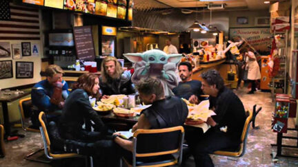 grogu eating with the avengers