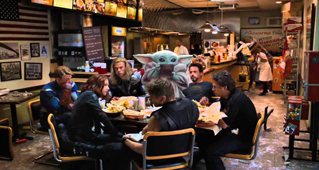 grogu eating with the avengers