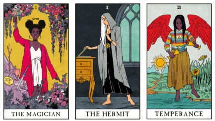 collage: the magician, the hermit and termperance from the Modern witch tarot