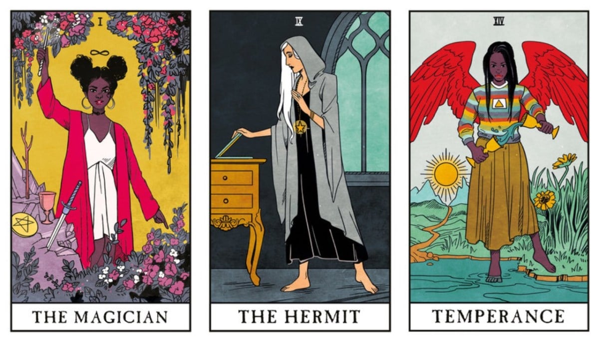 collage: the magician, the hermit and termperance from the Modern witch tarot