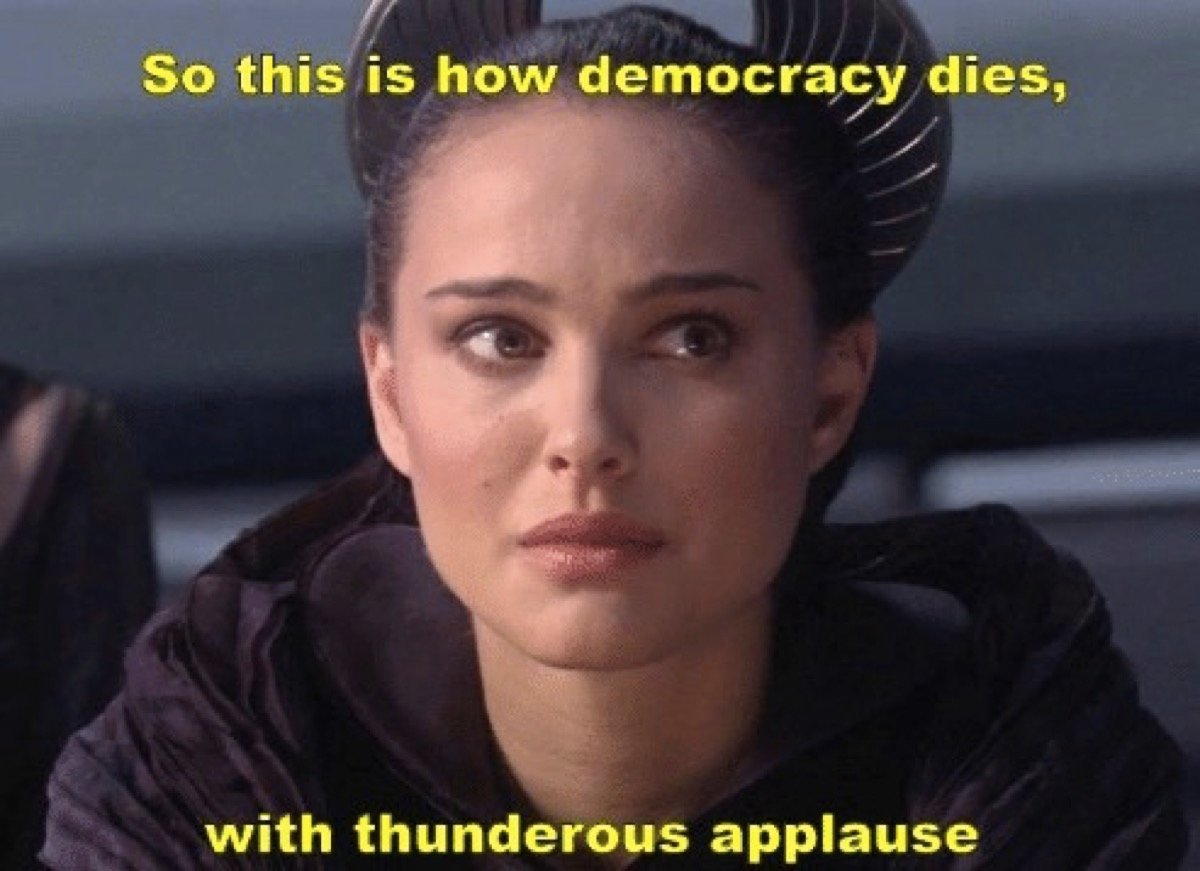 Padme lamenting the death of democracy in Revenge of the Sith.