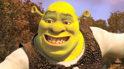 Shrek smiling unconvincingly in Shrek.