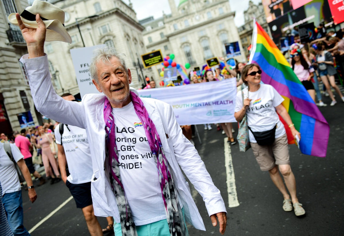LONDON, ENGLAND - JULY 06: Sir Ian McKellen walking through Piccadilly Circus during Pride in London 2019 on July 06, 2019 in London, England. (Photo by Chris J Ratcliffe/Getty Images for Pride in London)