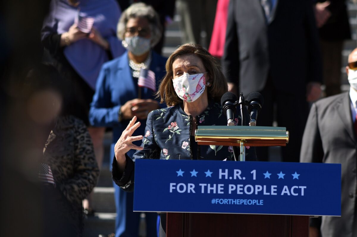 Speaker of the House Nancy Pelosi, Democrat of California, speaks at an event on the steps of the US Capitol for the "For The People Act of 2021" in Washington, DC, on March3, 2021. - Th act is hailed the most significant voting rights and democracy reform in more than half a century. (Photo by Eric BARADAT / AFP) (Photo by ERIC BARADAT/AFP via Getty Images)