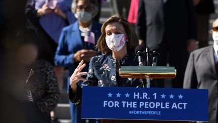 Speaker of the House Nancy Pelosi, Democrat of California, speaks at an event on the steps of the US Capitol for the 