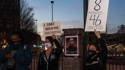 ATLANTA, GA - MARCH 08: Demonstrators hold a vigil in honor of George Floyd on March 8, 2021 in Atlanta, Georgia. Jury selection was paused today in the trial of former Minneapolis police officer Derek Chauvin, who is charged in Floyd's death. (Photo by Megan Varner/Getty Images)
