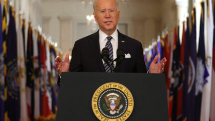 WASHINGTON, DC - MARCH 11: U.S. President Joe Biden speaks as he gives a primetime address to the nation from the East Room of the White House March 11, 2021 in Washington, DC. President Biden gave the address to mark the one-year anniversary of the shutdown due to the COVID-19 pandemic. (Photo by Alex Wong/Getty Images)