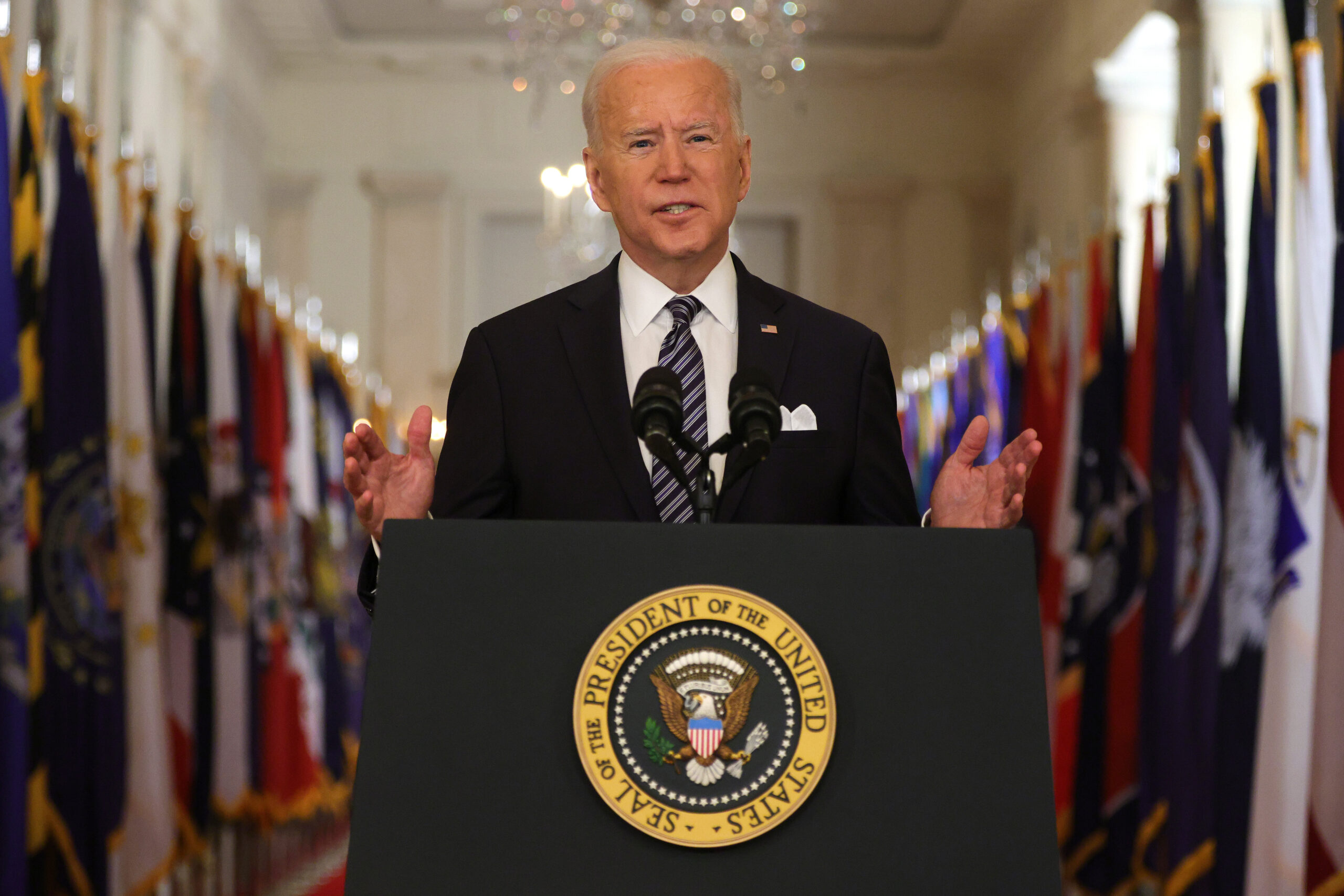 WASHINGTON, DC - MARCH 11: U.S. President Joe Biden speaks as he gives a primetime address to the nation from the East Room of the White House March 11, 2021 in Washington, DC. President Biden gave the address to mark the one-year anniversary of the shutdown due to the COVID-19 pandemic. (Photo by Alex Wong/Getty Images)