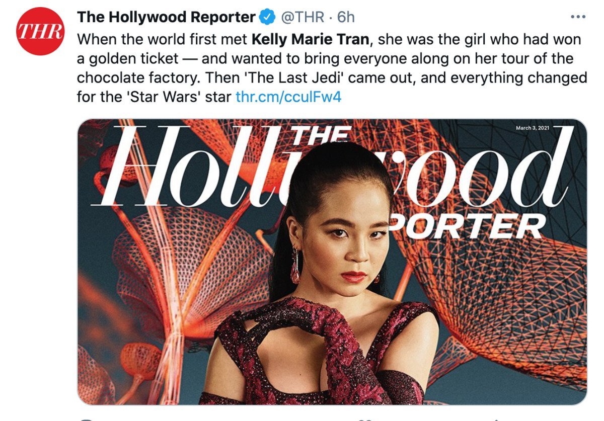 tweet of kelly marie tran on the cover of the hollywood reporter