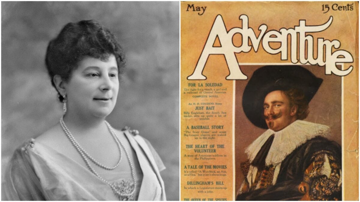 collage of Baroness Emma Orczy and a novel cover saying "adventure"