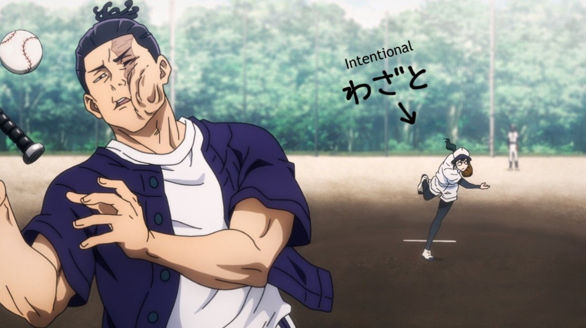 Aoi gets hit with Maki's pitch