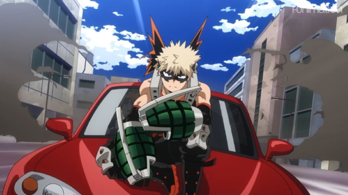 Bakugo riding in on a car