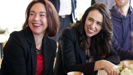 Prime Minister Jacinda Ardern and Labour MP Ginny Andersen smile during a meeting