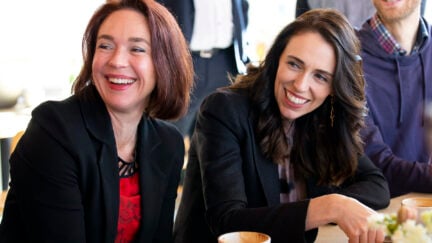 Prime Minister Jacinda Ardern and Labour MP Ginny Andersen smile during a meeting