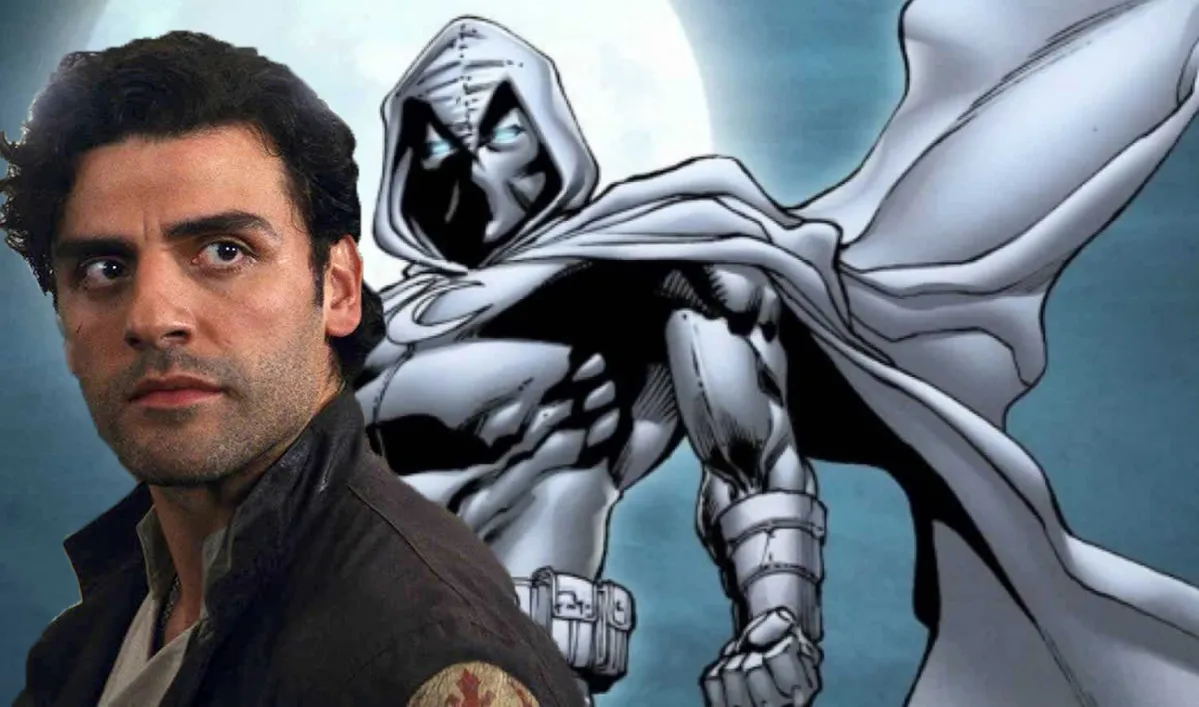 Oscar Isaac's Poe Dameron in front of comic book Moon Knight.