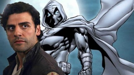 Oscar Isaac's Poe Dameron in front of comic book Moon Knight.