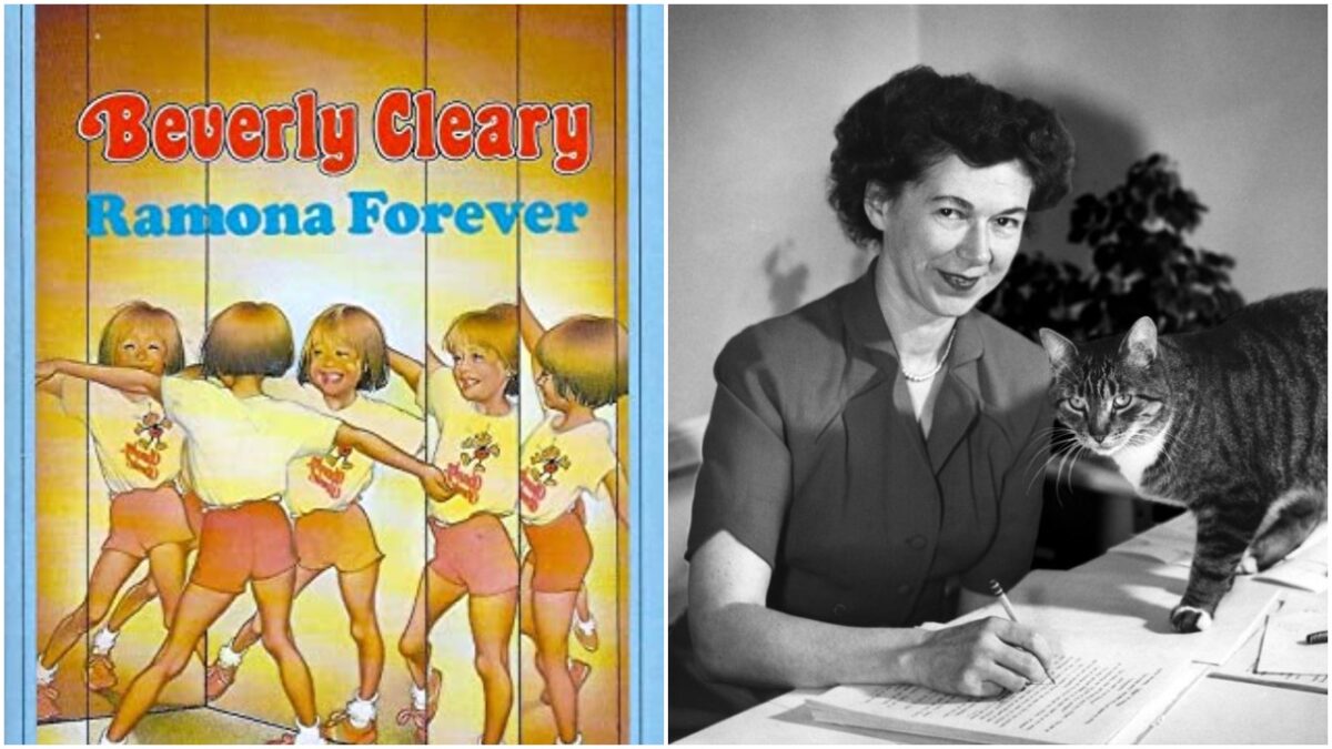 collage: the cover of Ramona Forver and a 1955 headshot of Beverly Clearly