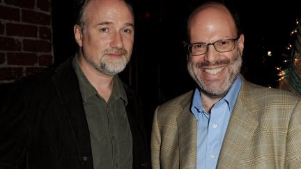 BEVERLY HILLS, CA - JANUARY 06: Director David Fincher (L) and producer Scott Rudin pose at Sony Pictures Home Entertainment's 