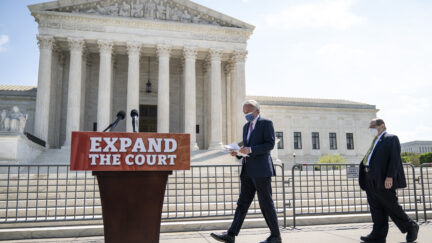 WASHINGTON, DC - APRIL 15: (L-R) Sen. Ed Markey (D-MA), and House Judiciary Committee Chairman Rep. Jerrold Nadler (D-NY) arrive for a press conference in front of the U.S. Supreme Court to announce legislation to expand the number of seats on the Supreme Court on April 15, 2021 in Washington, DC. Their bill would expand the Supreme Court from 9 to 13 justices. Speaker of the House Nancy Pelosi says she does not support the bill and doesn't plan to bring it to the House floor. (Photo by Drew Angerer/Getty Images)