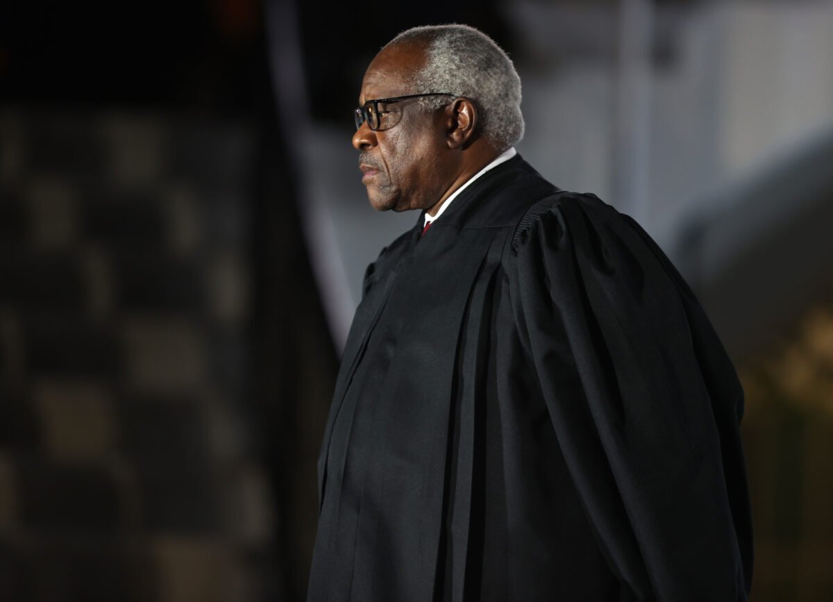 WASHINGTON, DC - OCTOBER 26: Supreme Court Associate Justice Clarence Thomas attends the ceremonial swearing-in ceremony for Amy Coney Barrett to be the U.S. Supreme Court Associate Justice on the South Lawn of the White House October 26, 2020 in Washington, DC. The Senate confirmed Barrett’s nomination to the Supreme Court today by a vote of 52-48. (Photo by Tasos Katopodis/Getty Images)