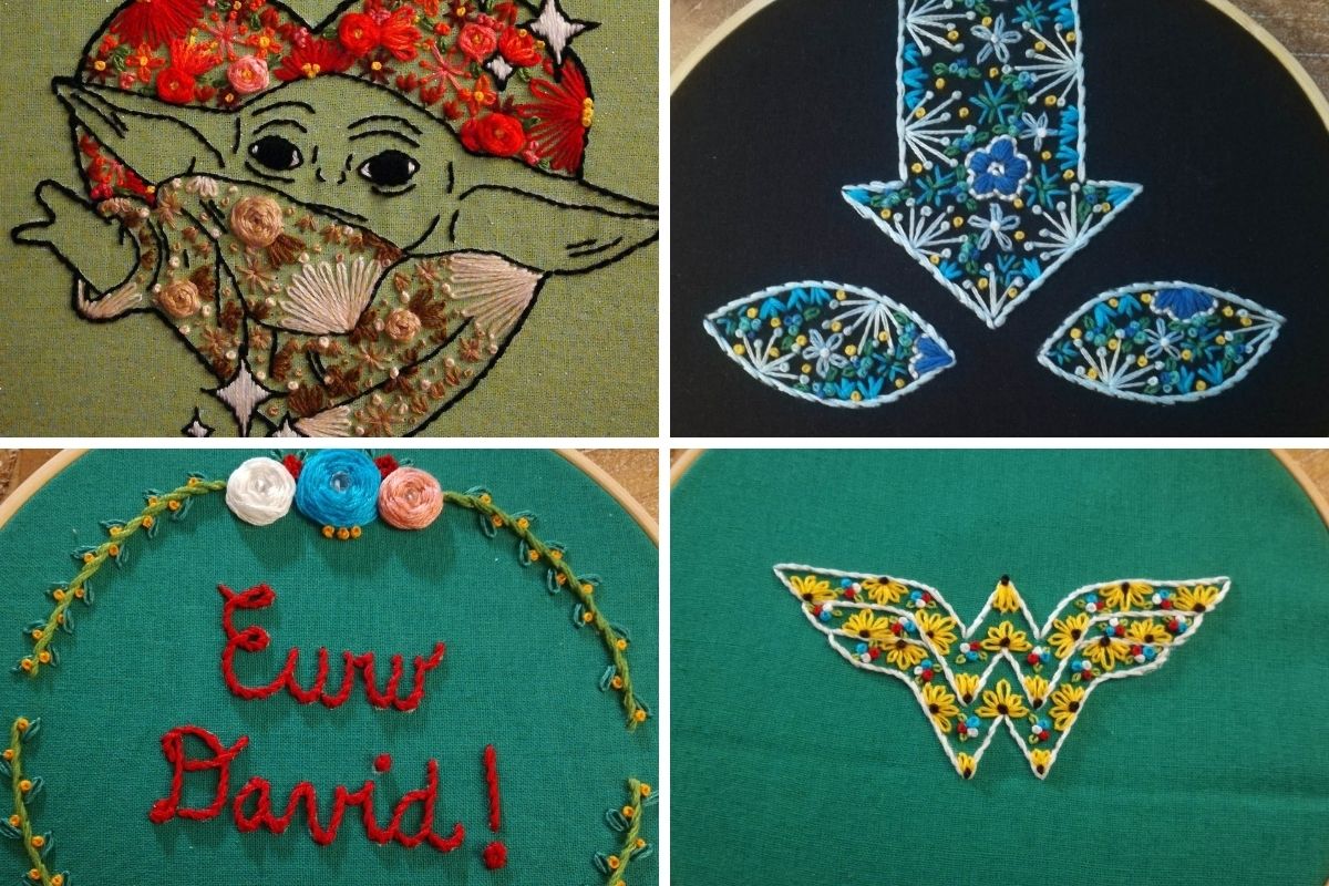 Embroidery examples of Grogu, Aang's avatar state, Wonder Woman's shield, "Eww David." by Lyra Hala