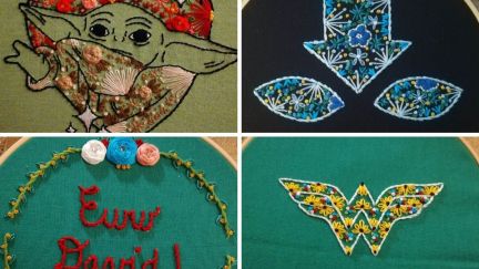 Embroidery examples of Grogu, Aang's avatar state, Wonder Woman's shield, 