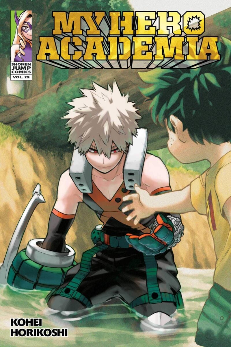 The cover to volume 29 of My Hero Academia shows Bakugo and Young Deku