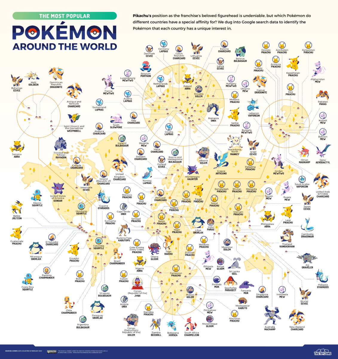 Map of the world and popular Pokemon