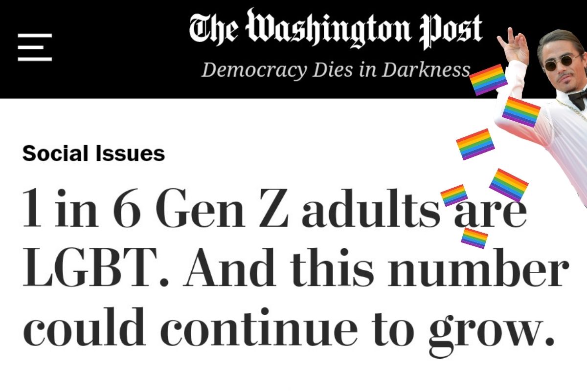 The Washington Post article about LGBT Gen z adults as Salt Bae sprinkles pride flags on it.