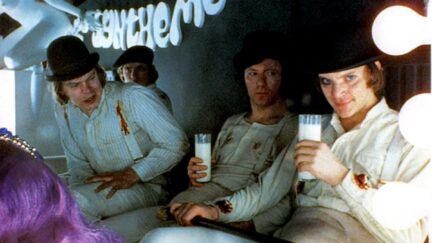 Malcolm McDowell, Warren Clarke, James Marcus, and Michael Tarn in A Clockwork Orange (1971)