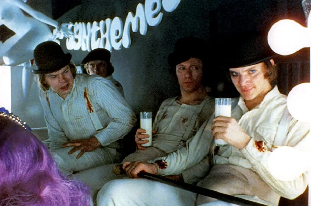 Malcolm McDowell, Warren Clarke, James Marcus, and Michael Tarn in A Clockwork Orange (1971)