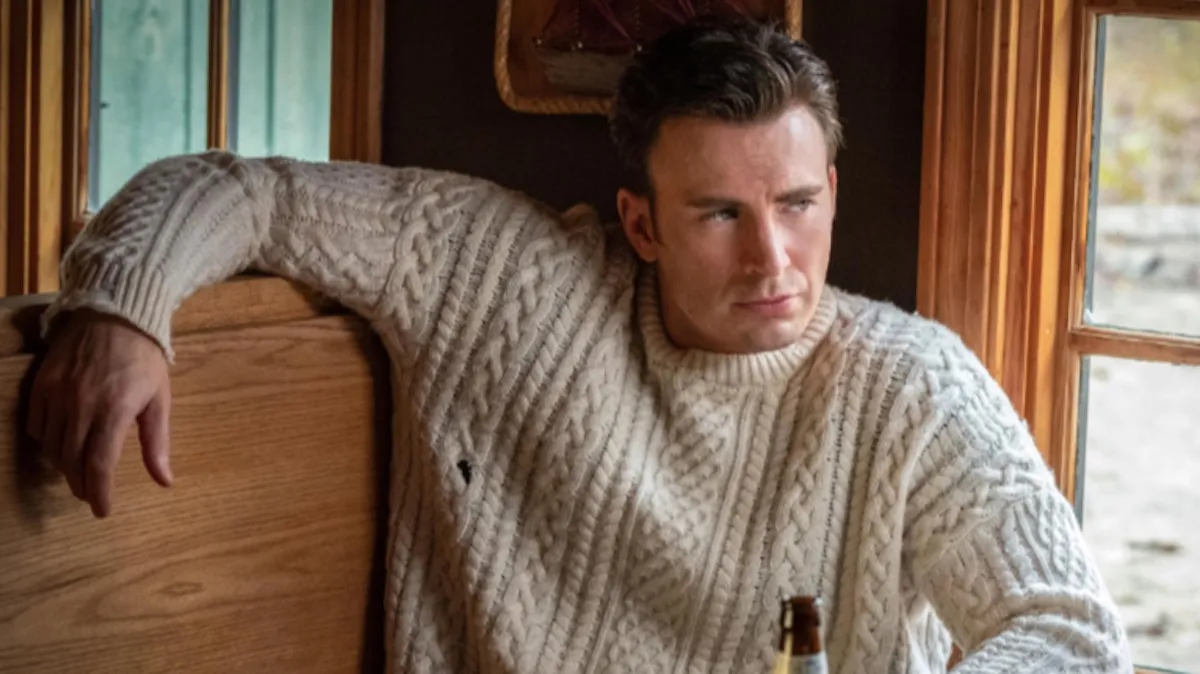 Chris Evans wears an Aran fisherman's sweater in Knives Out