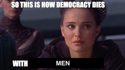 Natalie Portman looks upset as Queen Amidala, with the words 