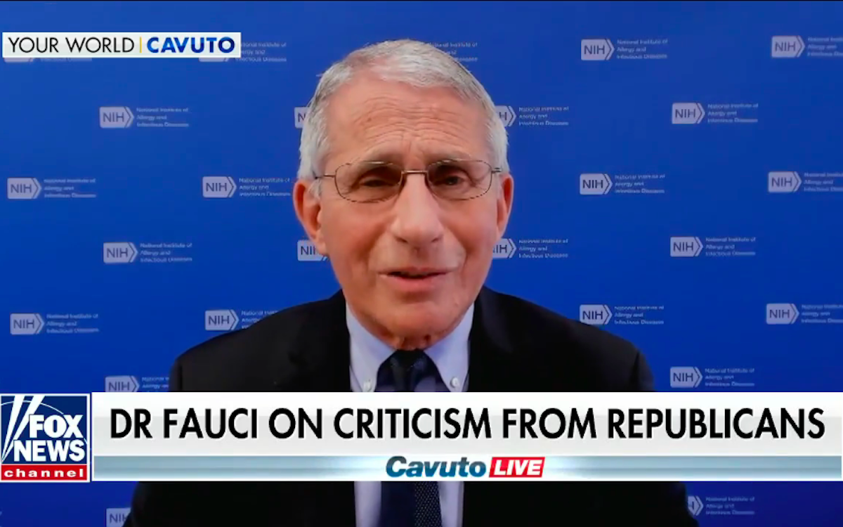 Dr. Fauci speaks on Fox News above a chyron reading, "Dr Fauci on criticism from Republicans"