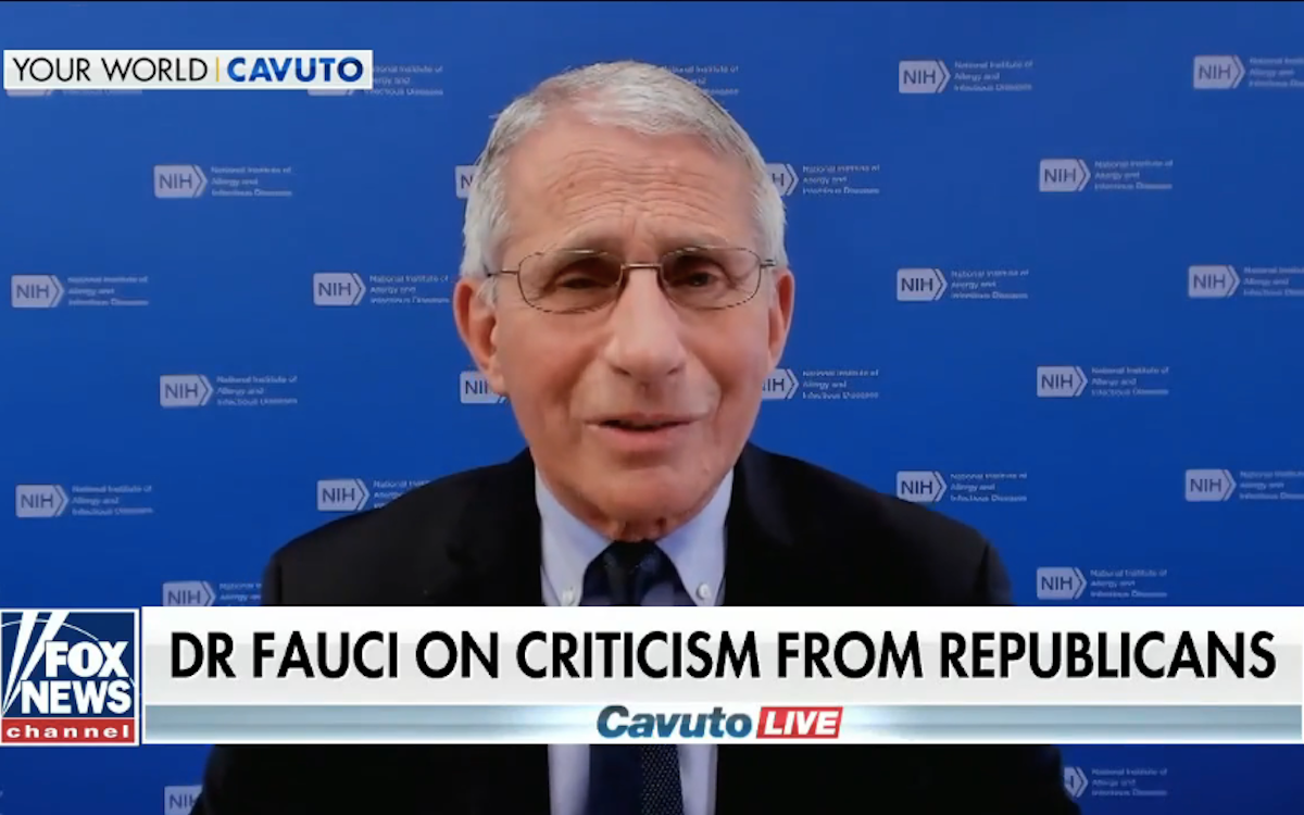 Dr. Fauci speaks on Fox News above a chyron reading, "Dr Fauci on criticism from Republicans"