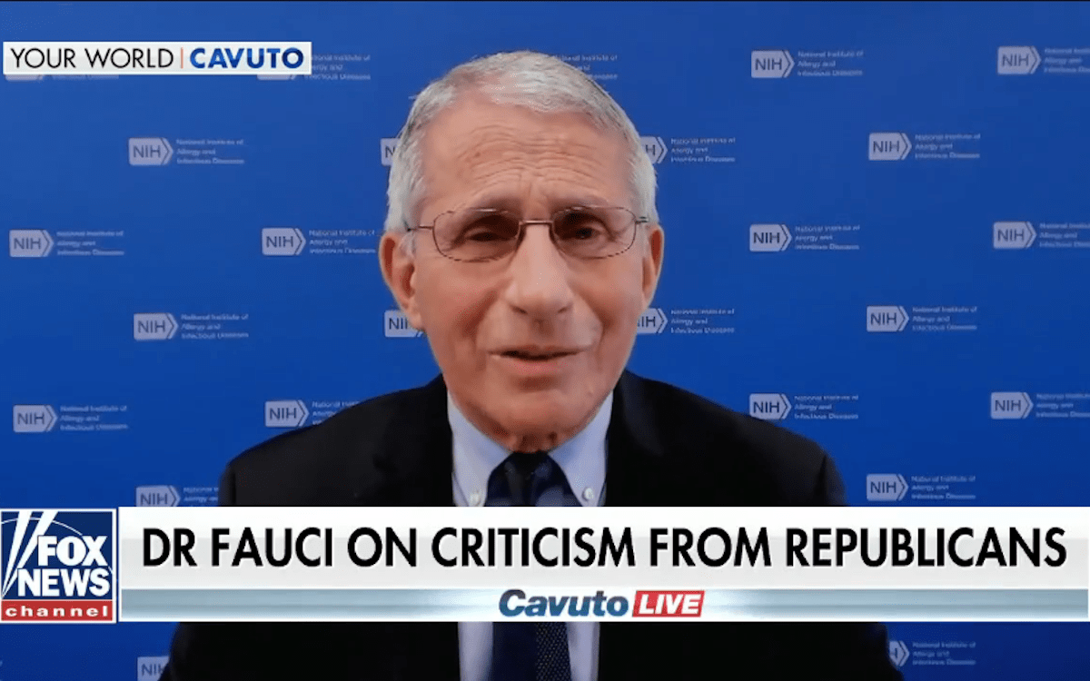 Dr. Fauci speaks on Fox News above a chyron reading, "Dr Fauci on criticism from Republicans"