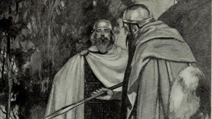 Ambassadors of the Fir Bolg and Tuath Dé meeting before the Battle of Moytura. An illustration by Stephen Reid in T. W. Rolleston's Myths & Legends of the Celtic Race, 1911