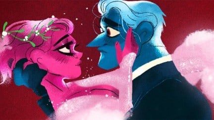 Lore Olympus Persephone and Hades embrace and gaze into each other's eyes.