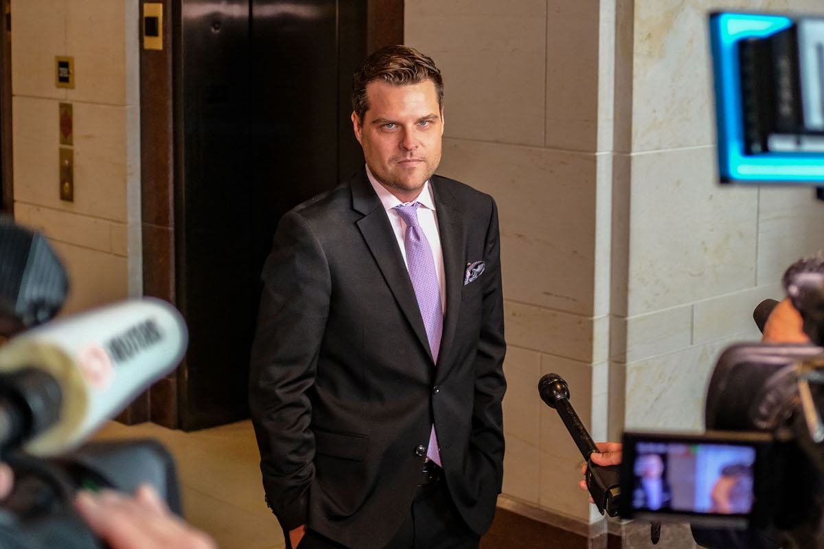 Matt Gaetz (R-FL), pauses while speaking to members of the media on Capitol Hill