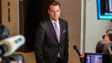 Matt Gaetz (R-FL), pauses while speaking to members of the media on Capitol Hill