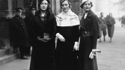 1932: Three of the Mitford sisters at Lord Stanley of Aldernay's wedding. From left to right: Unity Mitford; Diana Mitford (Mrs Bryan Guinness, later Lady Diana Mosley) and writer Nancy Mitford. (Photo by Hulton Archive/Getty Images)