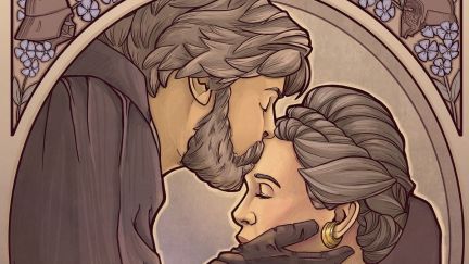 Star Wars art by Karen Hallion of Luke kissing Leia's forehead.