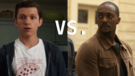 Tom Holland as Peter Parker and Anthoy Mackie as Sam Wilson