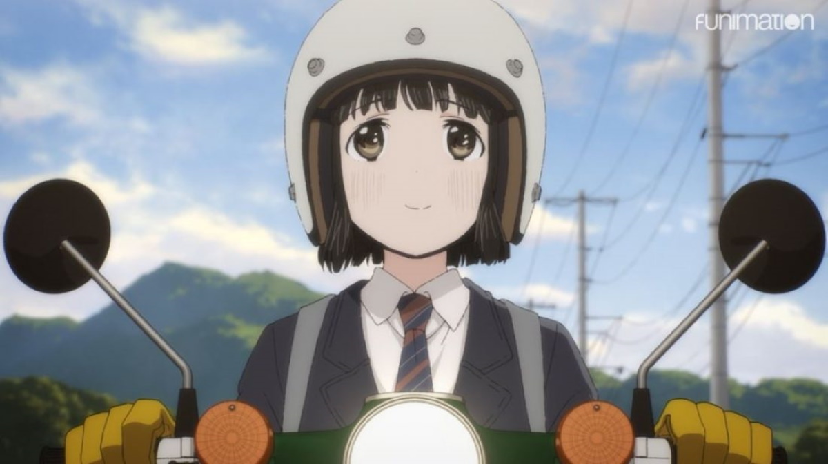 Koguma rides her motorcycle on the anime Super Club