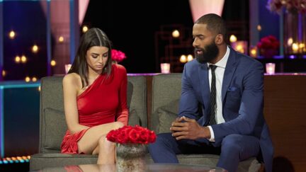 The Bachelor's Matt James and Rachael Kirkconnell talking to each other.