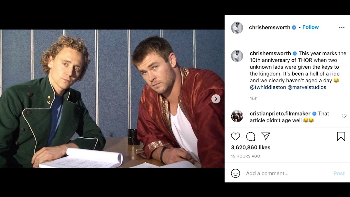 Chris Hemsworth shares an instagram with an old picture of Tom Hiddleston from Thor