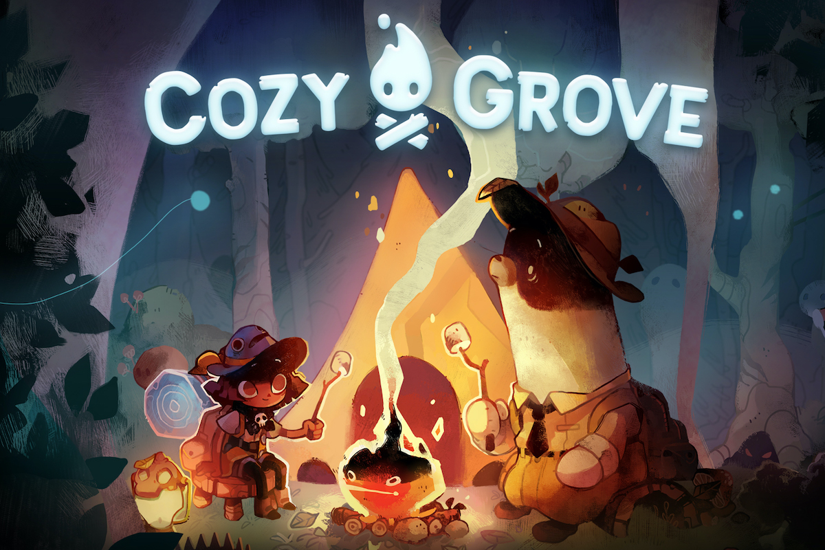 A spirit scout and a bear roast smores together in Cozy Grove