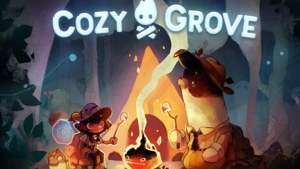 A spirit scout and a bear roast smores together in Cozy Grove