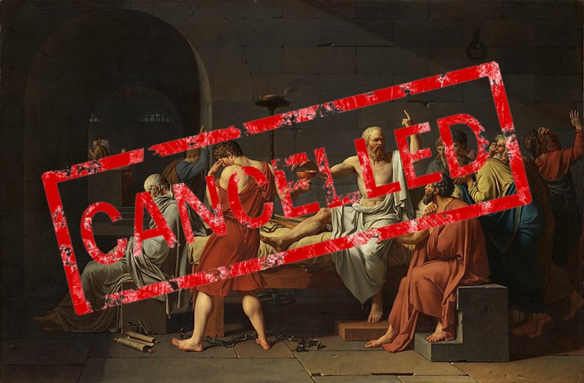 The painting "The Death of Socrates" with a stamp reading "cancelled" superimposed on it