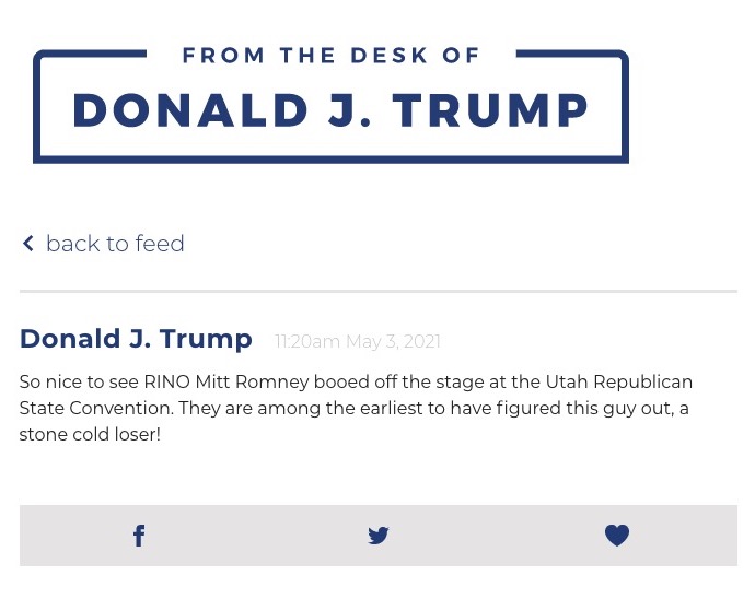 A screencap from Donald Trump's website, showing an official statement mocking Mitt Romney.
